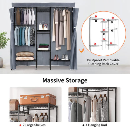 PayLessHere Adjustable Metal Garment Rack - Portable Clothing Organizer with 4 Hanger Rods & 7 Shelves | Black, 830 LBS Capacity