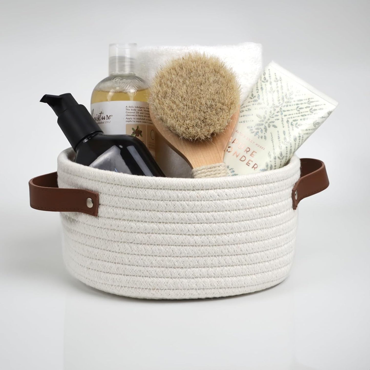 Skiennix Small Woven Basket - Cute Mini Cotton Rope Storage Bin with Leather Handle | Boho Nursery Organizer