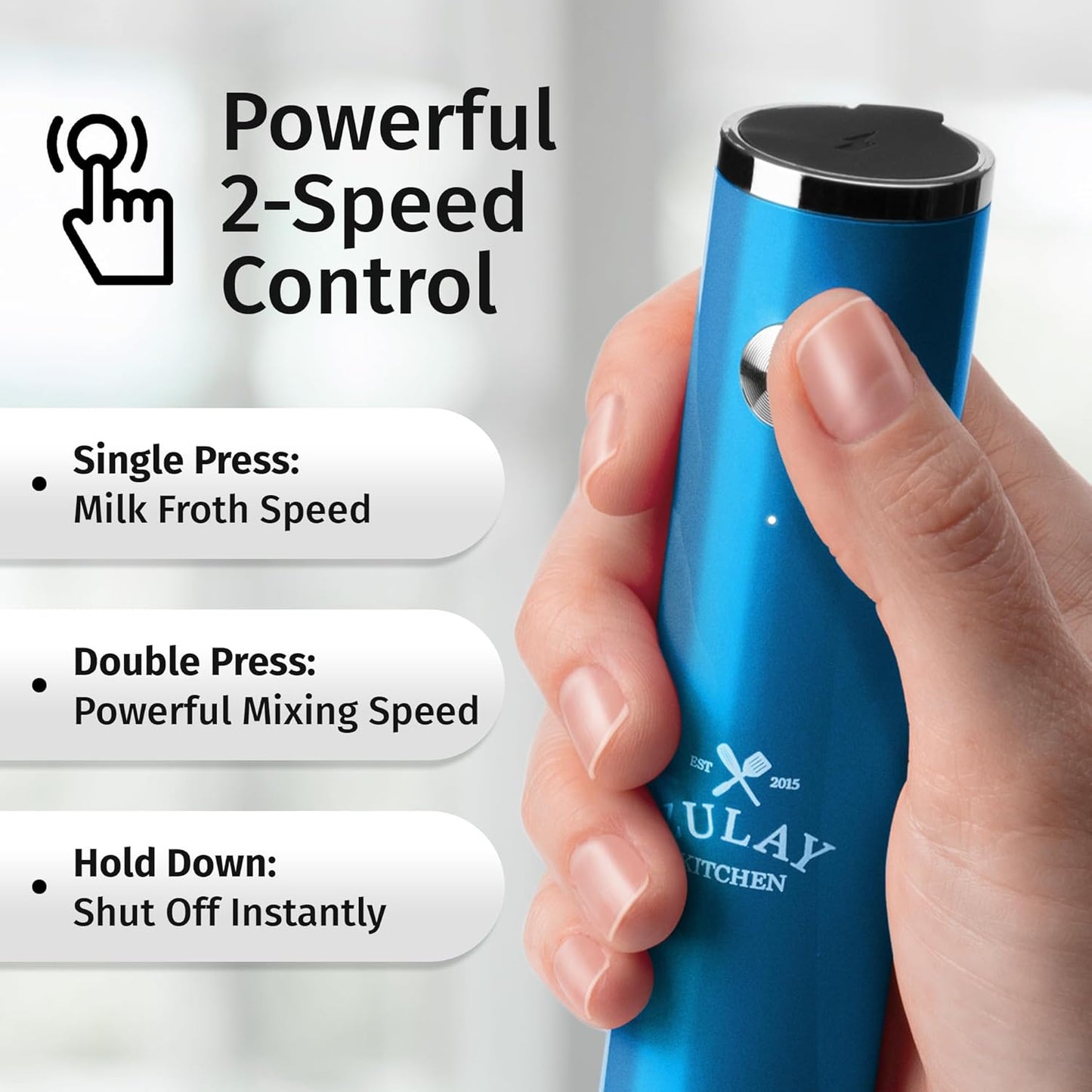 Zulay Kitchen Rechargeable Milk Frother Handheld Lux - Powerful 2-Speed Motor, Waterproof, 2000mAh Battery - Drink Mixer for Latte, Cappuccino, Matcha & Protein Powder - Metallic Blue
