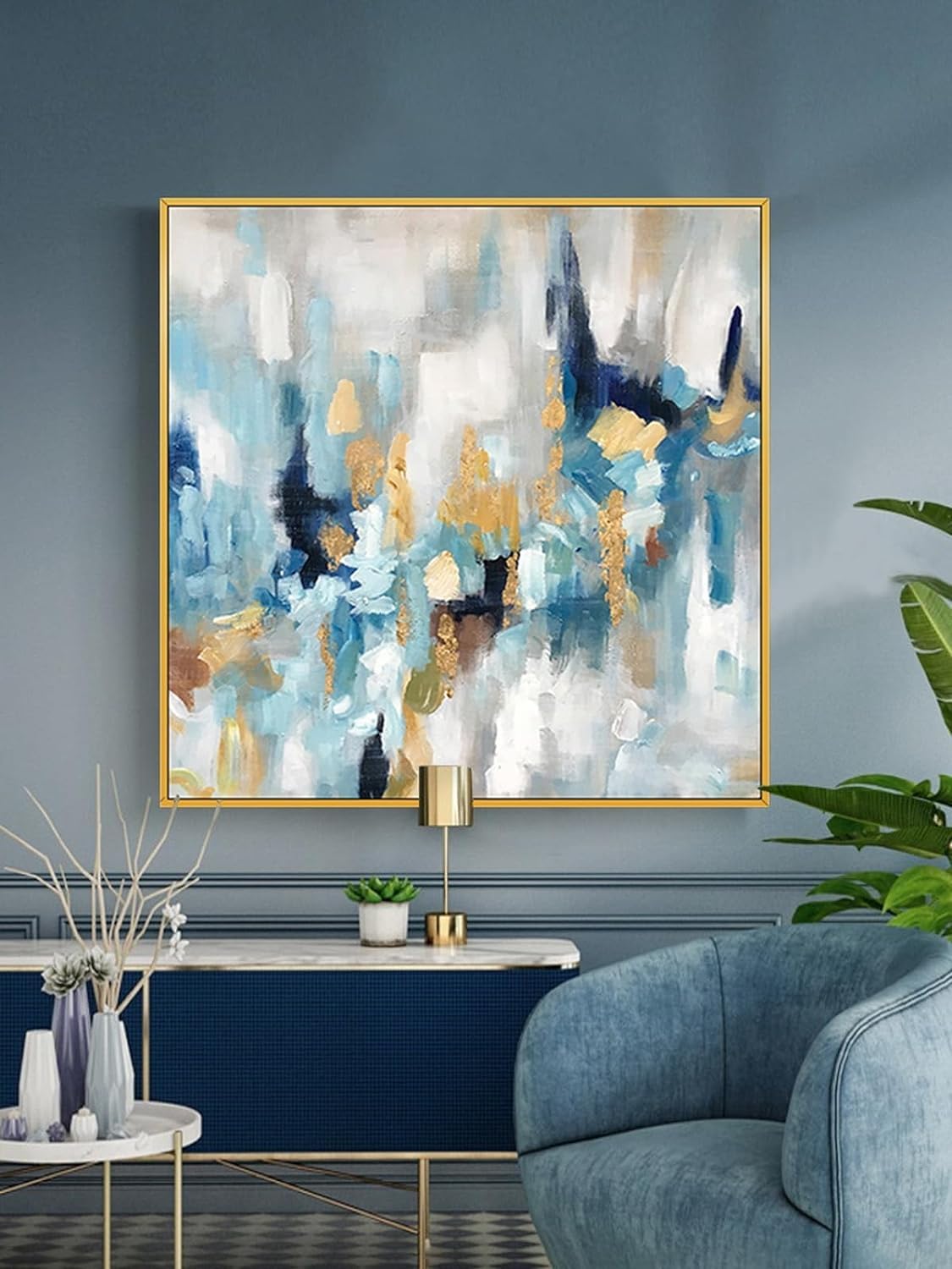 Blue and Gold Abstract Wall Art for Office. Large Hand-Painted Oil Painting for Living Room. Framed Blue Wall Painting Contemporary for Bedroom Home Decoration Ready to Hand 30x30inches