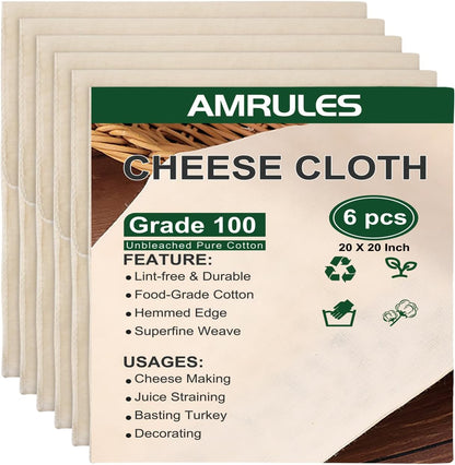 Skiennix Cheese Cloths - 6PCS Reusable Unbleached Cotton Strainers | 20x20 Inch for Cooking & Cheese Making