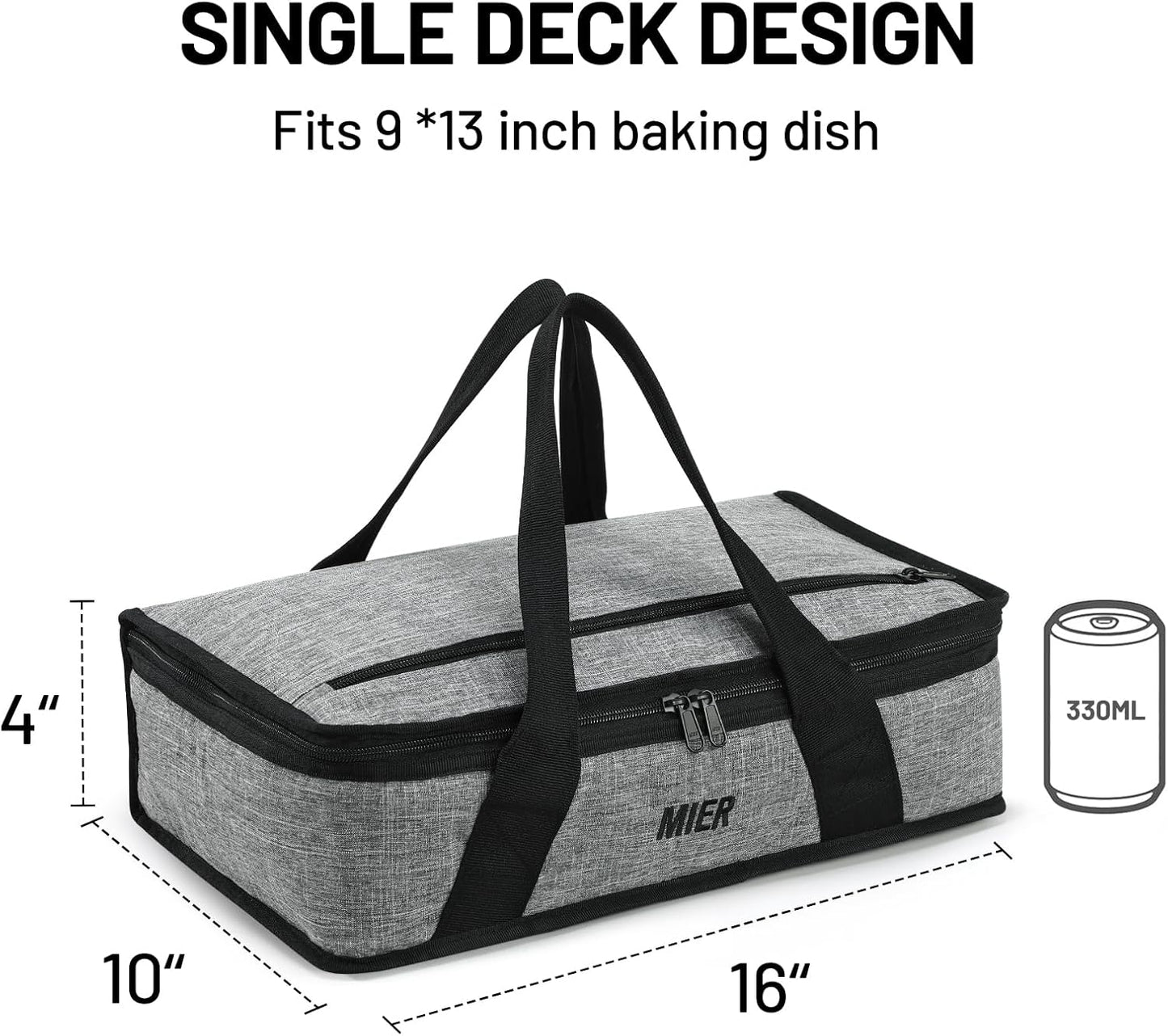 MIER Insulated Casserole Carrier - Thermal Food Bag for Hot or Cold Dishes | Fits 9"x13" Baking Dish, Gray