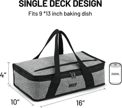 MIER Insulated Casserole Carrier - Thermal Food Bag for Hot or Cold Dishes | Fits 9"x13" Baking Dish, Gray