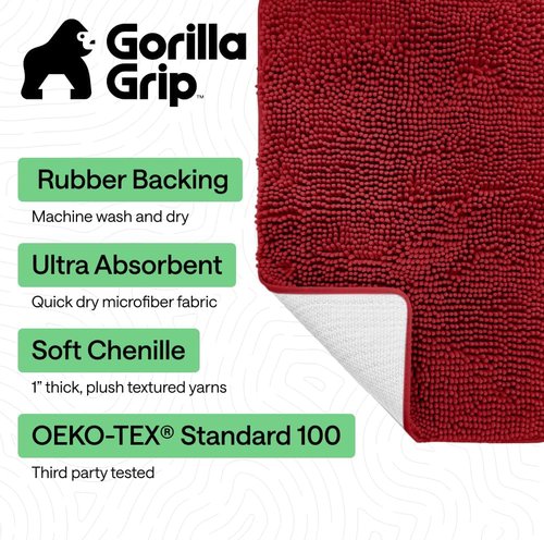 GORILLA GRIP Bath Rug Mat - Thick Soft Absorbent Chenille | Quick Dry Microfiber, 60x24, Red