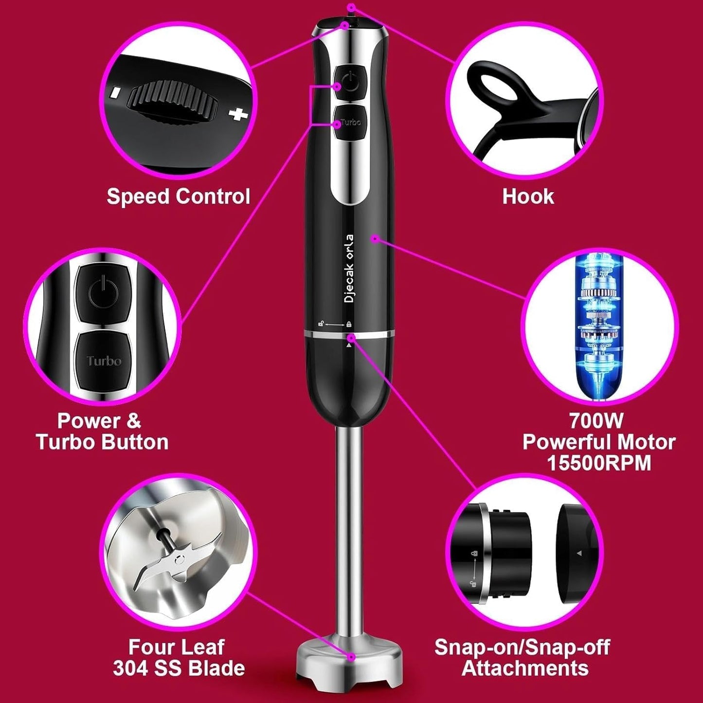 Skiennix 700W Immersion Hand Blender - 20 Variable Speeds Up to 15,500 RPM for Smoothies, Soups & Purees - Black