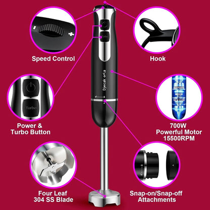 Skiennix 700W Immersion Hand Blender - 20 Variable Speeds Up to 15,500 RPM for Smoothies, Soups & Purees - Black