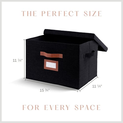Large Fabric Storage Boxes by [Brand Name] - Decorative Bins with Lids & Faux Leather Handles | 3 Pack, Black (15.75" x 11.25" x 11.25")
