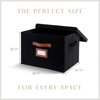 Large Fabric Storage Boxes by [Brand Name] - Decorative Bins with Lids & Faux Leather Handles | 3 Pack, Black (15.75" x 11.25" x 11.25")