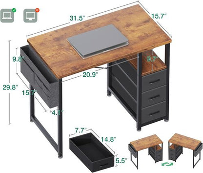 AODK 32" Small Computer Desk - Vintage Kids Study Writing Desk with Fabric Drawers & Storage Shelf