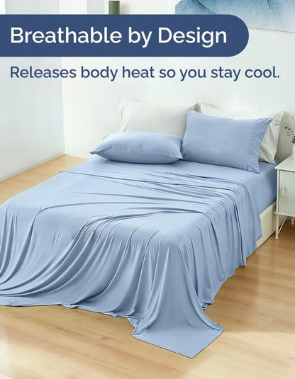 Cooling Sheets Set | Skiennix Queen Size 4-Piece Bedding for Hot Sleepers - Soft, Breathable, Lightweight - Deep Pockets 8" to 16" - Sky Blue