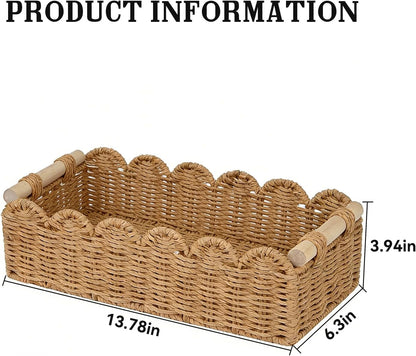 Upgraded Paper Rope Toilet Paper Storage Basket - Scalloped Edge Design | Small Neutral Decor with 2 Wooden Handles