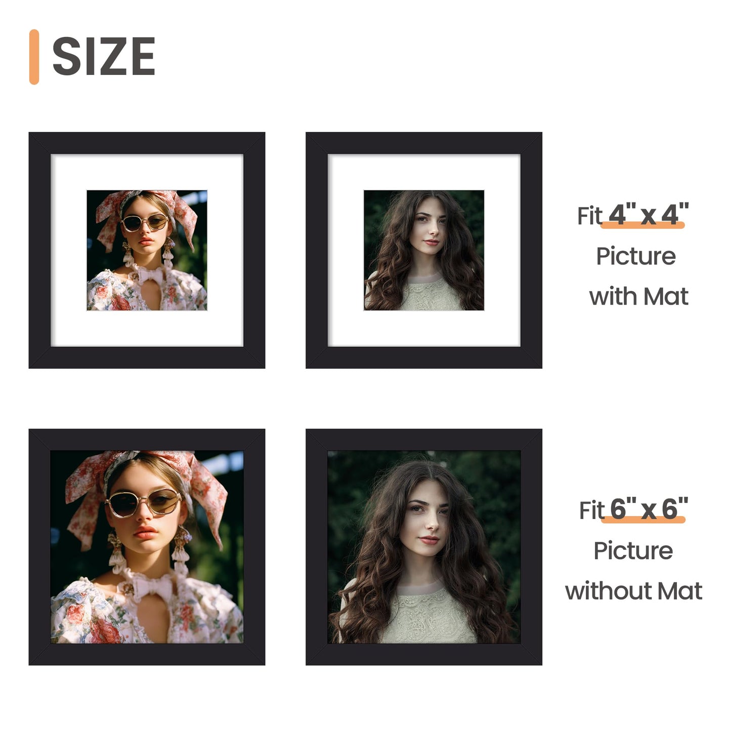 upsimples 6x6 Picture Frame, Display Pictures 4x4 with Mat or 6 x 6 Without, Wall Hanging Square Frames, Black, 1 Pack