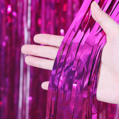 Voircoloria Pink Foil Fringe Backdrop Curtains - 3 Pack Tinsel Streamers for Parties & Events | 3.3x8.2 Feet