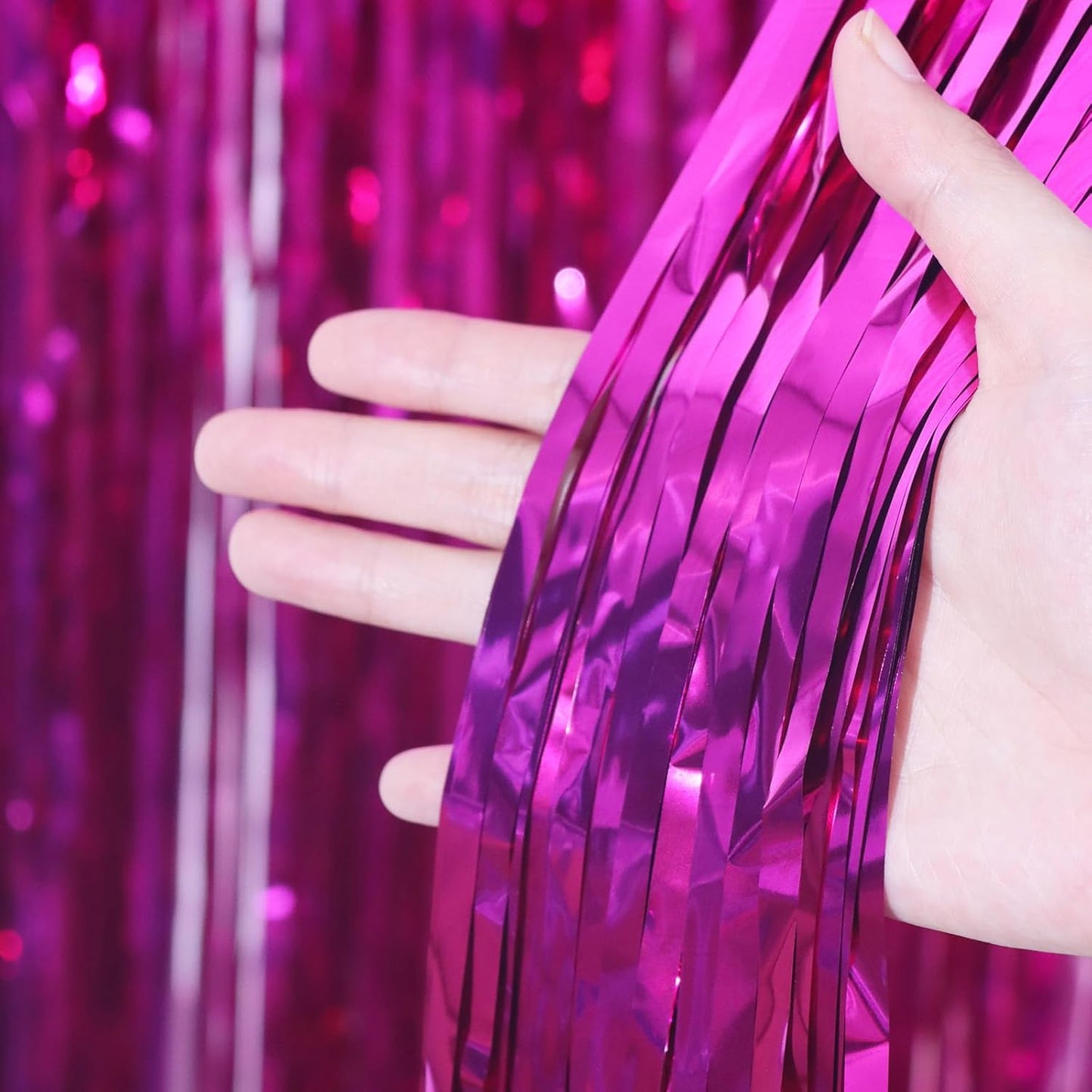 Voircoloria Pink Foil Fringe Backdrop Curtains - 4 Pack Tinsel Streamers for Parties & Events