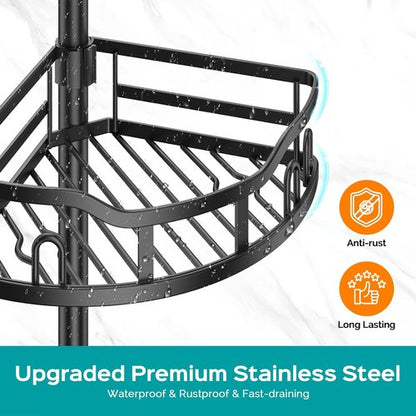 HAMITOR Corner Shower Caddy - Rustproof 4-Tier Bathroom Organizer for Shampoo & Soap - Adjustable 47-121 Inch Black Rack