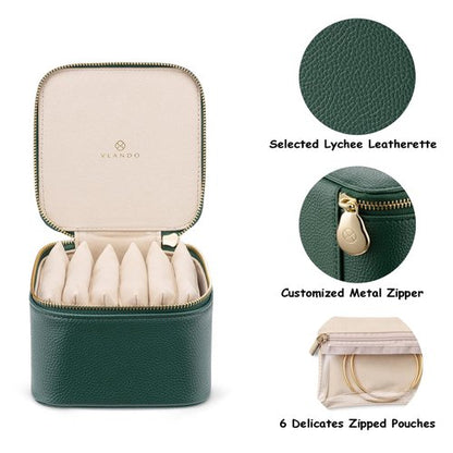 VLANDO Travel Jewelry Box Organizer – Portable PU Leather Jewelry Case with 6/8/12 Zippered Pouches, Compact Storage for Earrings Rings Necklaces Bracelets, Dark Green