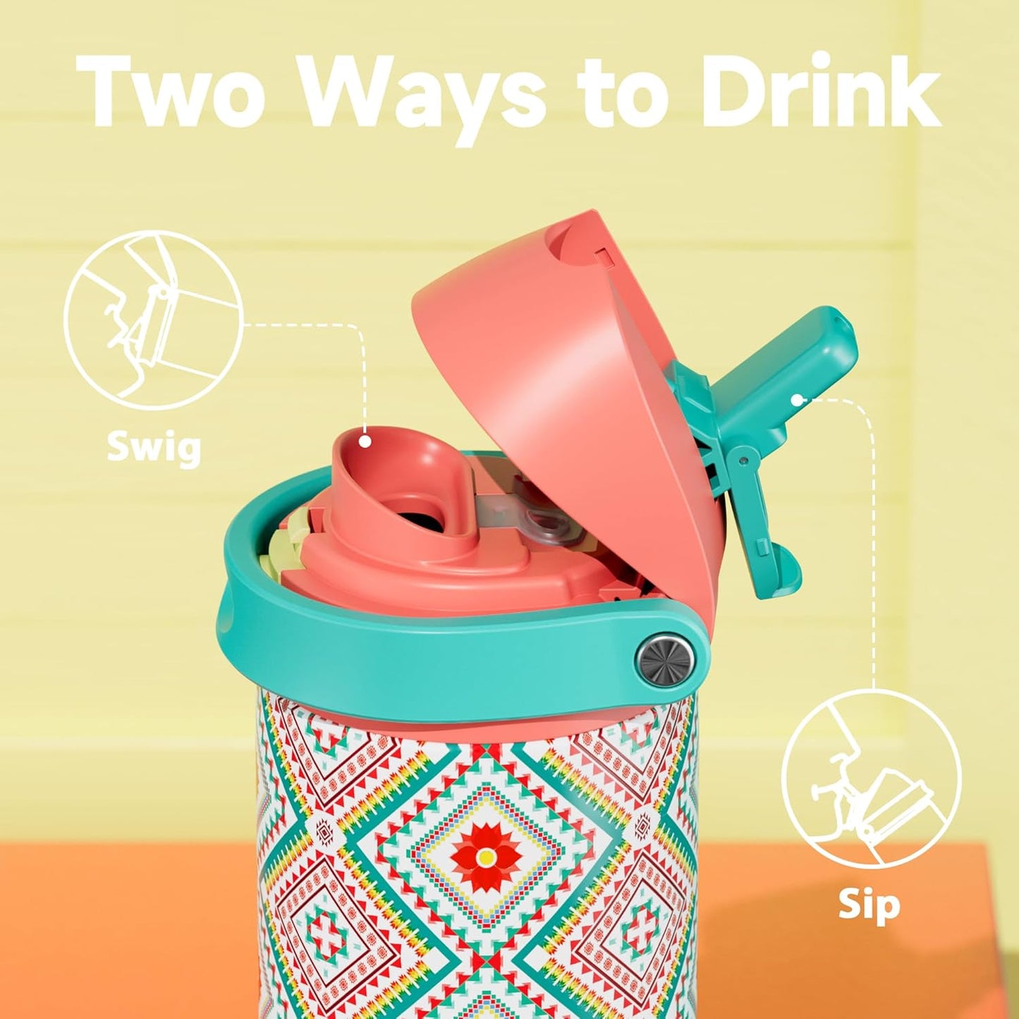 Meoky Stainless Steel Insulated Water Bottle - 24 oz, Leak Proof, 2-in-1 Lid, BPA-Free, Prism Folk