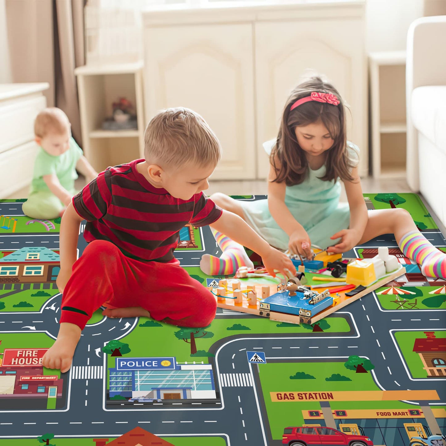 LTKOUGFAM Kids Carpet Playmat, Kids Play Rug for Playroom, Kids Car Mat Rug, Kids Play Rugs Town City Road Map Rug, Extra Large Boys Kids Car Track Play Rug Bedroom, Living Room, 59 X 39.4 Inch