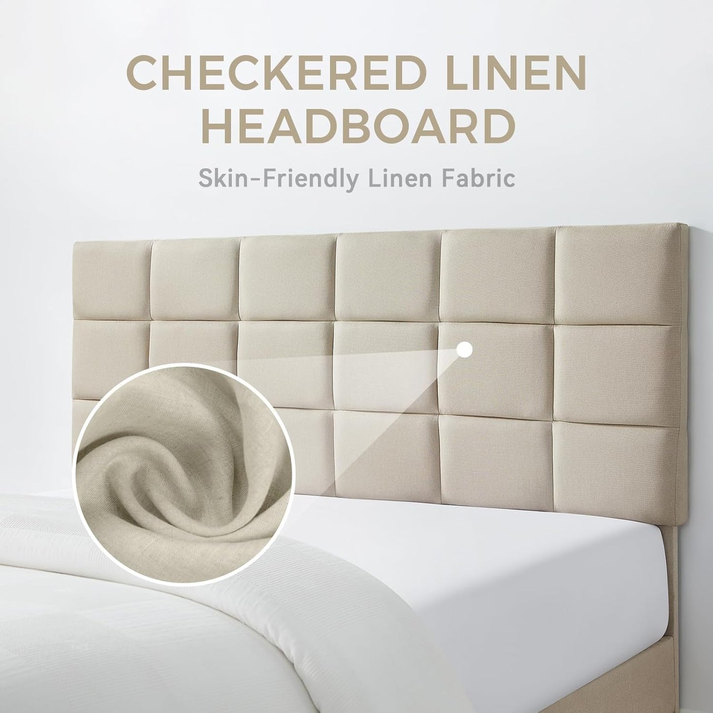 Susalt Queen Size Bed Frame - Upholstered Linen Headboard, No-Noise Design, Easy Assembly, 1000LBS Capacity | Beige
