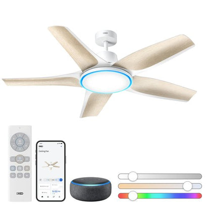 Dreo Smart Ceiling Fans with Lights, Low Profile Ceiling Fan with Alexa/App, 52'' Dimmable Lighting & Color Tuning, RGB Ambient Light for Living Room, Game Room, Easy Installation, Quiet, White