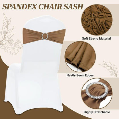 MDS Premium Spandex Chair Sashes - Stretchy Bow Covers with Buckle Slider | 25-Pack in Mocha for Weddings & Events