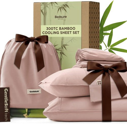 Bedsure Bamboo Viscose Cooling Sheets - Breathable & Buttery Soft Queen Size Bed Set | Deep Pocket, Rose Pink