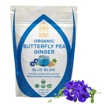 Kosha Botanica USDA Organic Butterfly Pea & Ginger Herbal Blend Tea | 65+ Servings 2 oz (56g) | Natural Premium Dried Whole Flower | Organic Non GMO Herbal Loose Leaf Tea