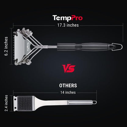 TempPro BBQ Grill Brush with Wide Scraper, Bristle-Free Stainless Steel Grilling Cleaner, Safe All-Grate Cleaner, Perfect for BBQ Grill Cleaning Accessory (Previously ThermoPro)