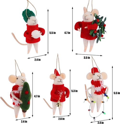 Juegoal Christmas Felt Mice Ornaments - Set of 5 Cute Wool Mouse Hanging Decor for Holiday Wreaths
