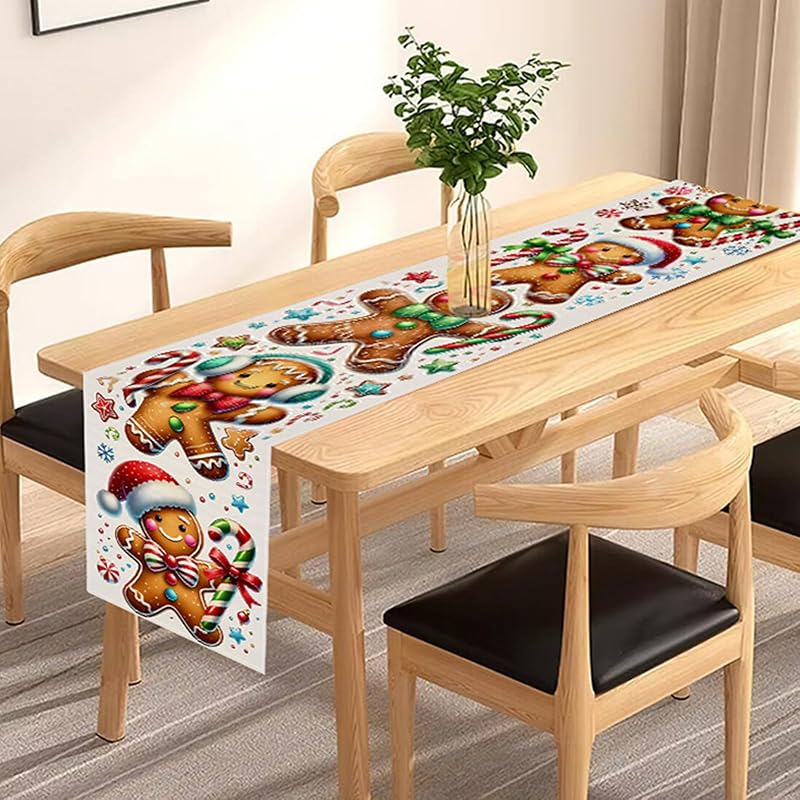 Ging erbread Man Christmas Table Runner 13x72 Polyester Red Green Victorian