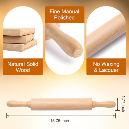 AISOSO Wooden Rolling Pin - 15.75 Inches Nonstick Dough Roller with Handles | Classic Light Yellow Baking Essential