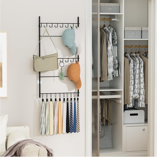 HapiRm Over Door Hat Rack - 3-Tier Organizer with 16 Hooks & 10 Movable Clips | Holds Up to 26 Caps