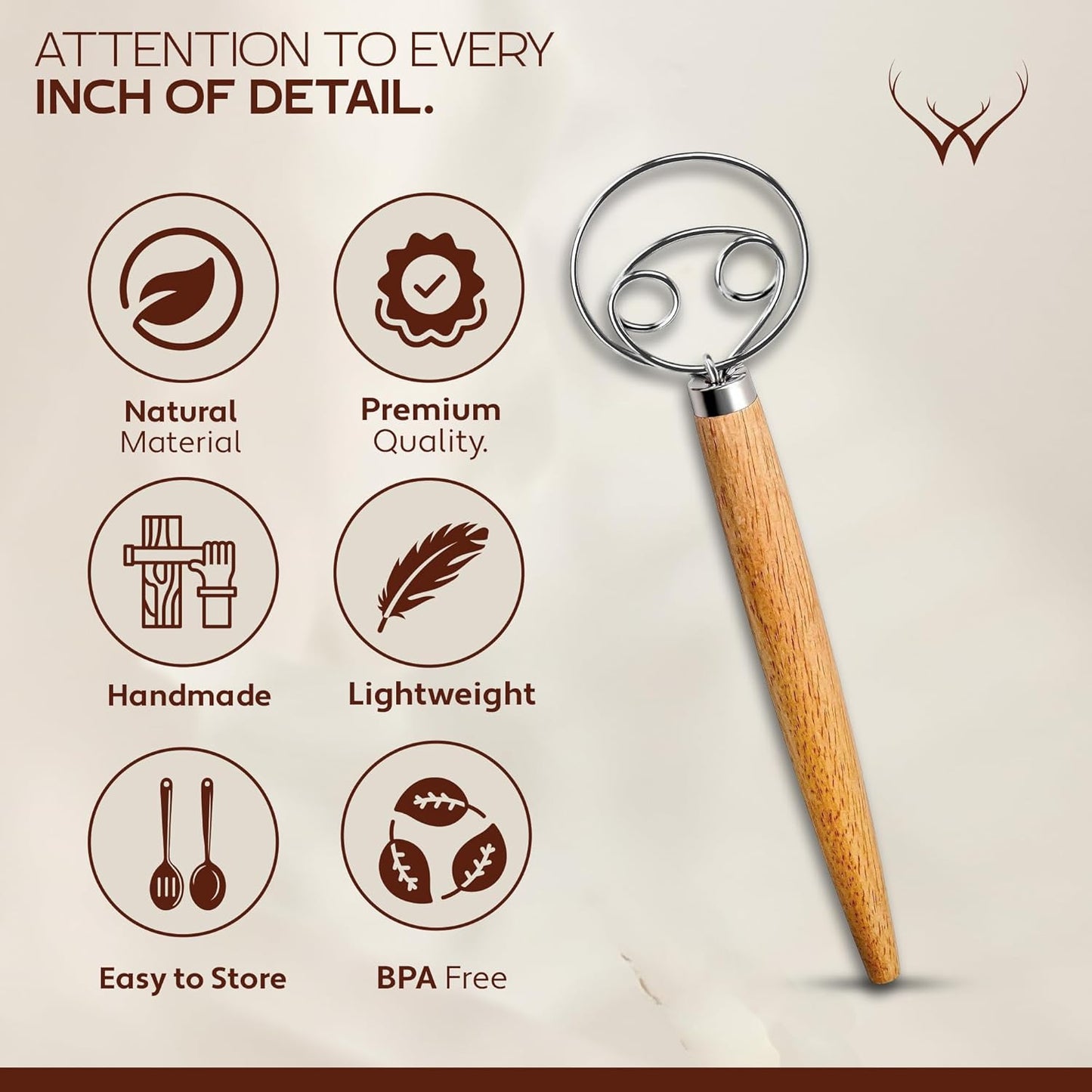 Woodlands USA Danish Dough Whisk - 13 Inch 304 Stainless Steel Hook & Long Wooden Handle for Artisan Bread Making