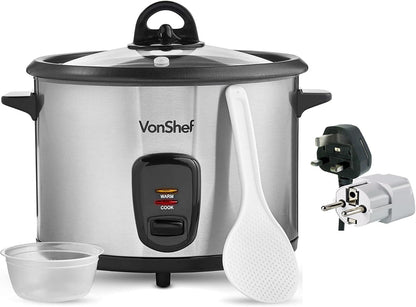 Vonshef 10-Cup Rice Cooker - Non-Stick Stainless Steel with Dynastar Adapters | 220V 240V
