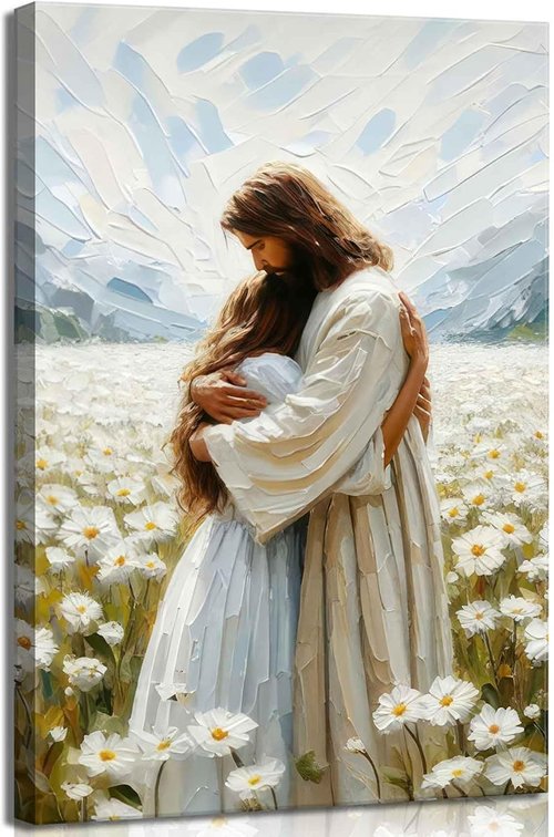 Jesus Hugging Girl Canvas Wall Art - Modern Christian Healing Embrace | 12x16in Decor for Home
