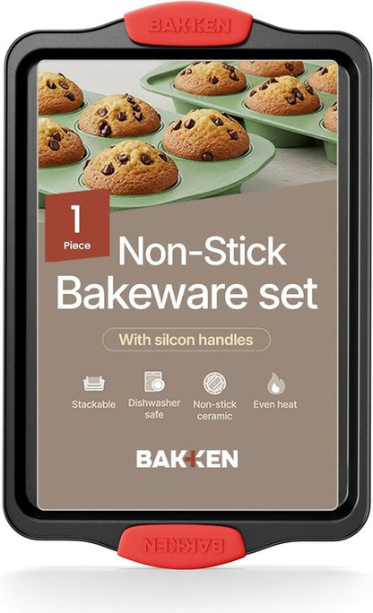 BAKKEN Nonstick Baking Pan - Durable Carbon Steel Cookie Sheet with Red Silicone Handles | 15.15 x 10.03 Inches, Oven Safe Up to 450°F