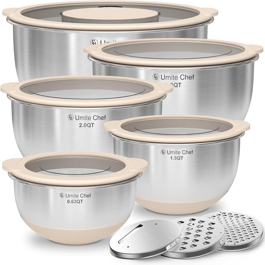 Skiennix Mixing Bowls Set - Airtight Stainless Steel Bowls with Lids & Graters | Khaki 5/3/2/1.5/0.63QT