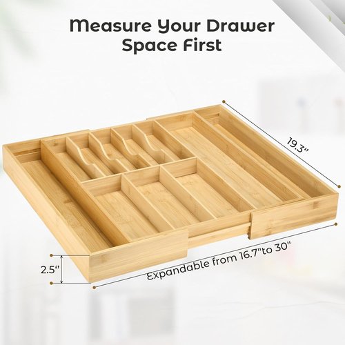 Fabsome Bamboo Silverware Organizer - Expandable Flatware Tray for Large Kitchen Drawers | 16.7'' to 30'' Wide