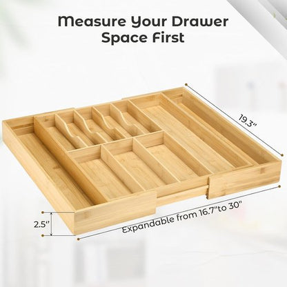 Fabsome Bamboo Silverware Organizer - Expandable Flatware Tray for Large Kitchen Drawers | 16.7'' to 30'' Wide