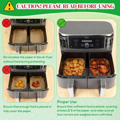 BYKITCHEN 300PCS Air Fryer Liners - Rectangle Disposable Parchment Paper for Ninja Dual Airfryer & More