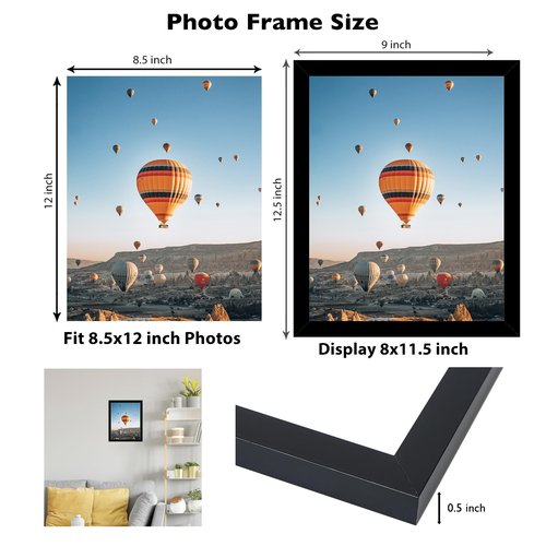 JCJMY 8.5x12 Picture Frame Black for Wall Hanging or Tabletop, Wall Mounting Horizontally or Vertically, 8.5 x 12 Wall Gallery Poster Photo Frame with Shatter Resistant Plexiglass, Black