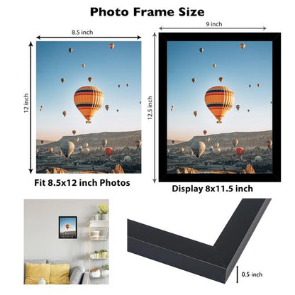 JCJMY 8.5x12 Picture Frame Black for Wall Hanging or Tabletop, Wall Mounting Horizontally or Vertically, 8.5 x 12 Wall Gallery Poster Photo Frame with Shatter Resistant Plexiglass, Black