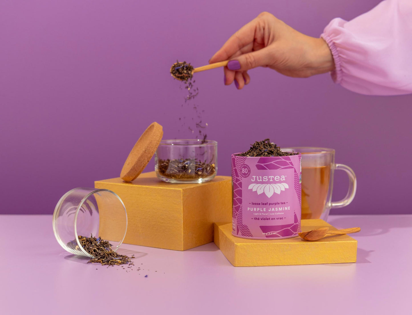 JusTea PURPLE JASMINE | Loose Leaf Purple Tea | Tin with Hand Carved Tea Spoon | 40+ Cups (3.2oz) | Low Caffeine | Award-Winning | Fair Trade | Non-GMO