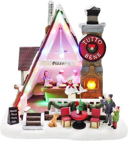 Moments In Time Pizza Shop Scene - Handcrafted LED Musical Pizzeria Holiday Decoration | Tabletop Display