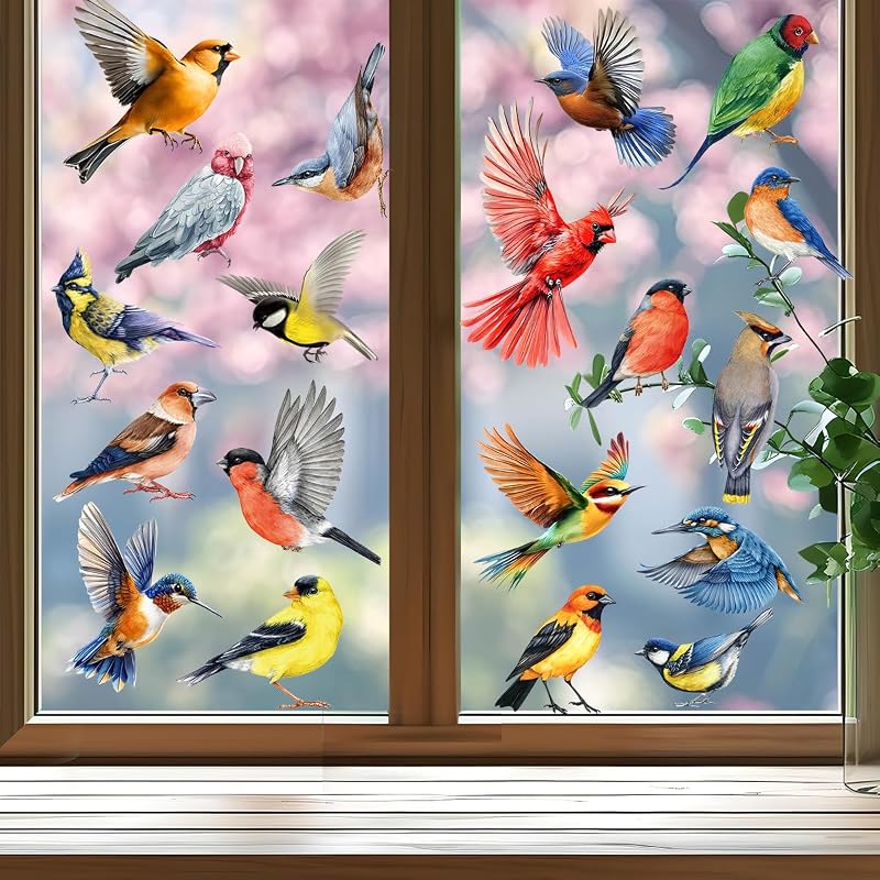 Colorful Bird Window Clings 26 Pcs on 9 Sheets – Reusable Static, No Glue