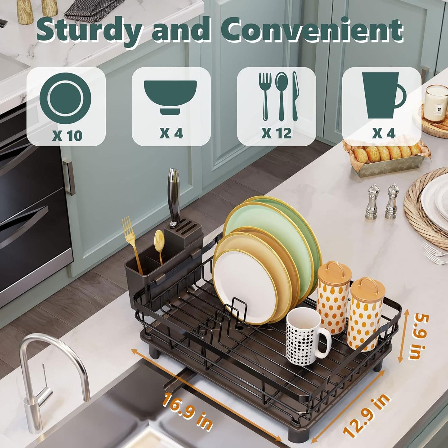Skiennix Iron Dish Drying Rack - Extendable Kitchen Counter Drainer with Utensil Holder & Knife Slots, Black