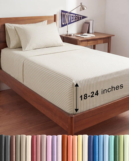 Skiennix Extra Deep Twin XL Sheet Set - 4-Piece Breathable Cooling Bedding - Soft Wrinkle-Free Beige Stripes