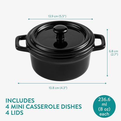 Navaris Mini Dutch Oven Casserole Dish Set - Oven-Proof with Lid - Easy Clean - 4 x 8 oz (237 ml) - Black