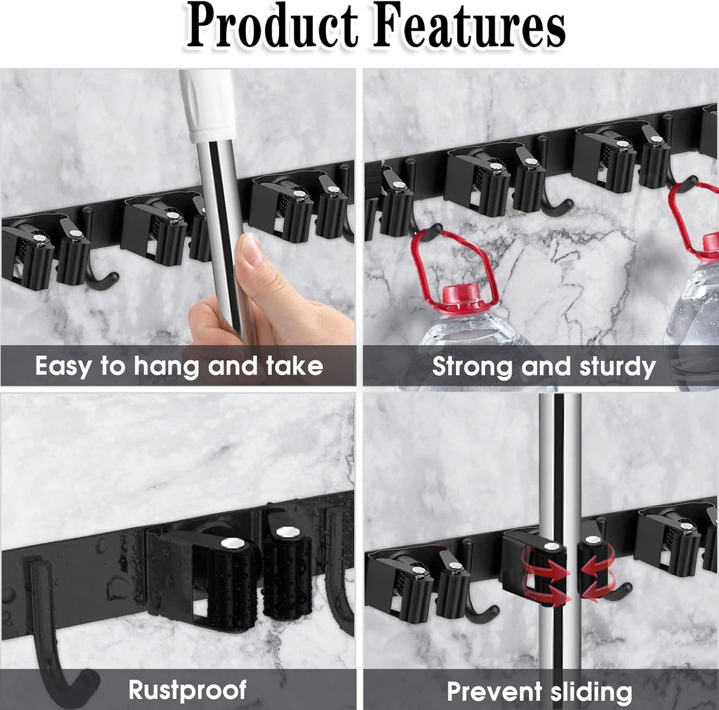 AceMining Mop and Broom Holder - 2 Pack Wall Mount Organizer with 5 Racks & 4 Heavy-Duty Hooks | Stainless Steel, Non-Slip Design for Home & Garden