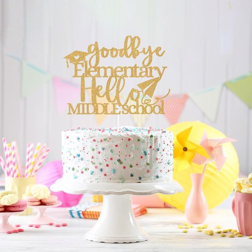 Goodbye Elementary Cake Topper by [Brand Name] - Celebrate 5th Grade Graduation | Gold Glitter Design